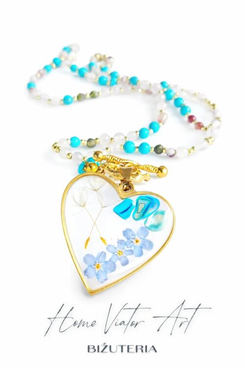 Naszyjnik z kamieni naturalnych z niezapominajkami i dmuchawcem