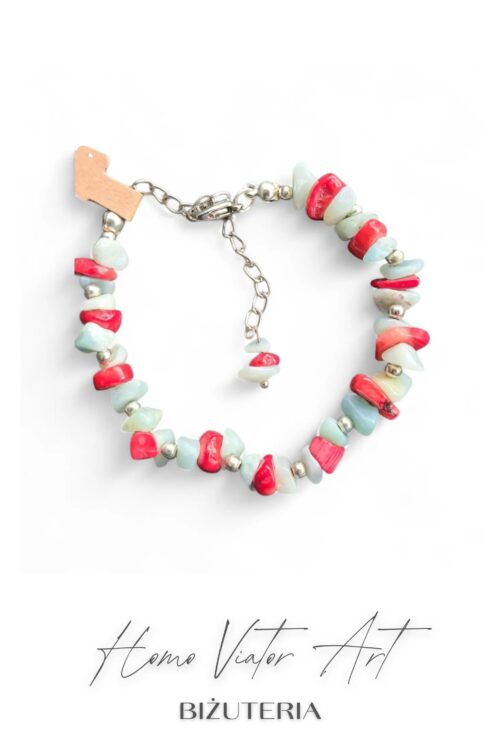 Bransoletka z kamieni naturalnych prehnitu i koralu czerwonego. 18 cm + przedłużka.