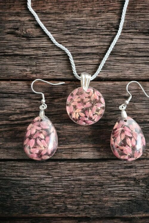 Komplet - kolczyki + naszyjnik z wrzoścem