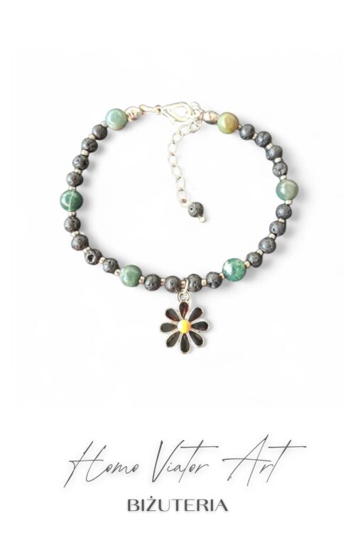 Bransoletka z lawy wulkanicznej I amfiboli - 19 cm + przedłużka.