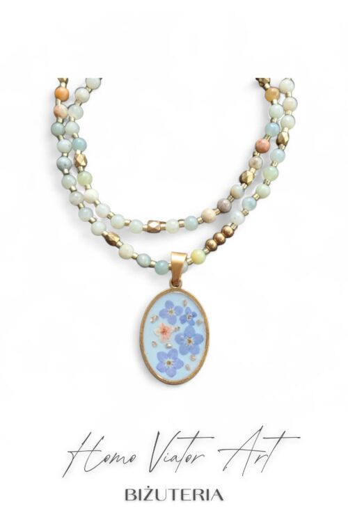 Komplet z chalcedonu - naszyjnik z niezapominajkami + bransoletka