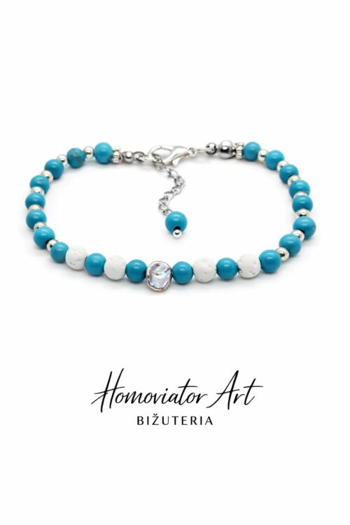 Bransoletka z kamieni turkusu, z perłą |   17,5 cm + przedłużka