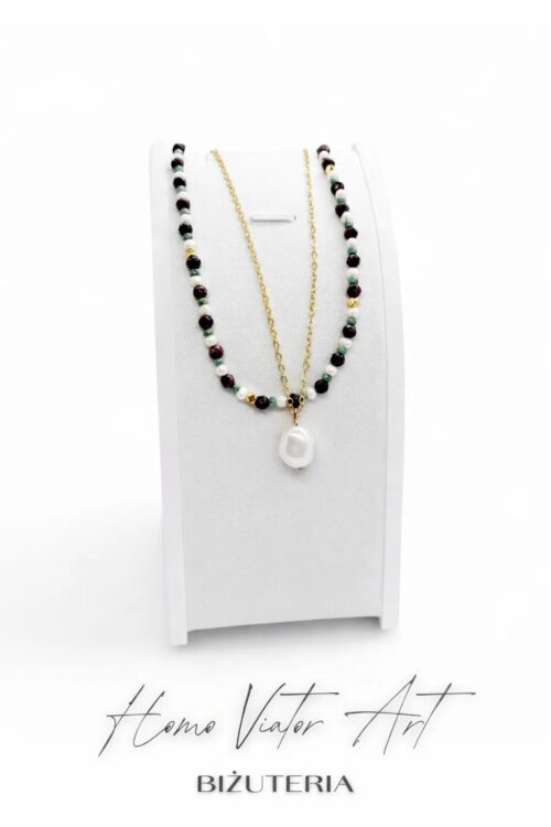 Podwójny naszyjnik z kamieni naturalnych z perełką