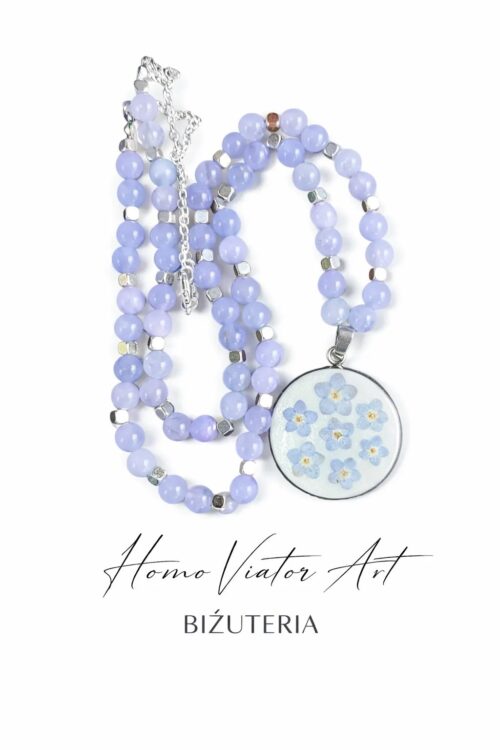 Naszyjnik z akwamarynu i niezapominajek | 65 cm