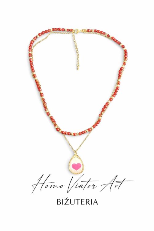Choker z czerwonego agatu i naszyjnik z listkiem serca | 45 cm