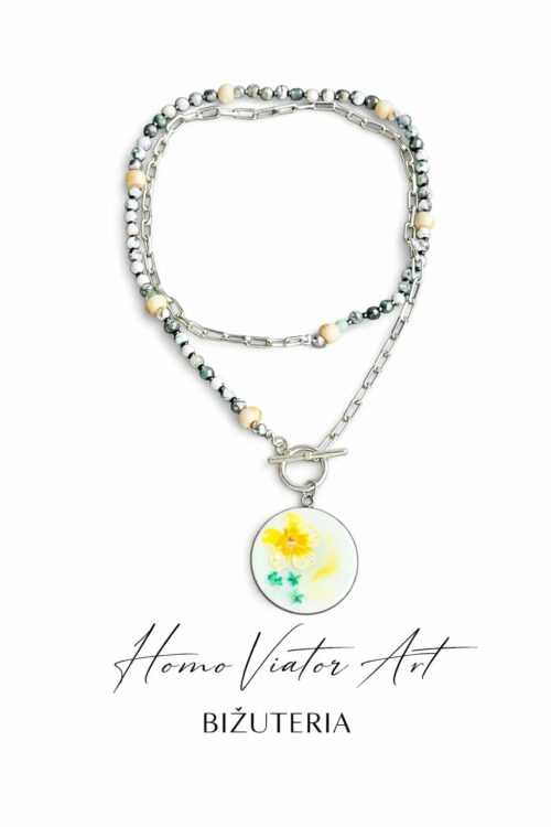 Naszyjnik z jaskrem i gaurą | agat drzewny & ceramika | długość 70 cm