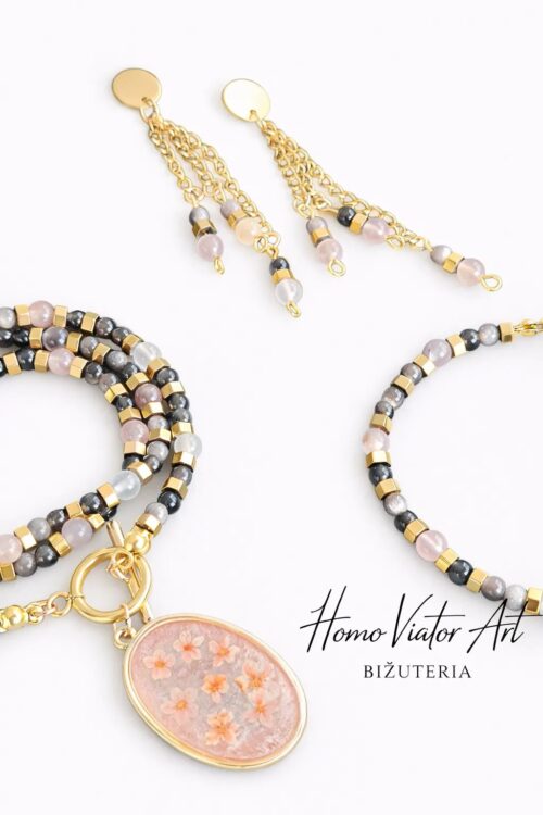 Komplet z obysianów i kwarcu | naszyjnik, bransoletka,  kolczyki | 51 cm
