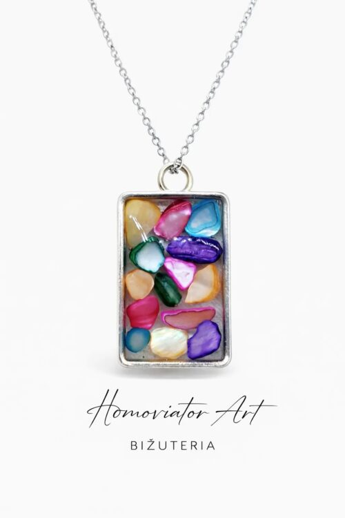 Naszyjnik z barwioną muszlą w żywicy | Kolorowa mozaika | 58 cm