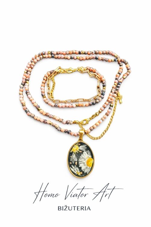 Komplet biżuterii ze stokrotkami w żywicy i rodohrozytem | 67 cm + przedłużka