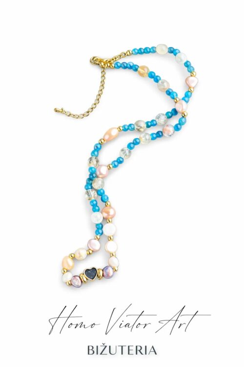 Choker z pereł i akwamarynu z sercem | 44,5 cm