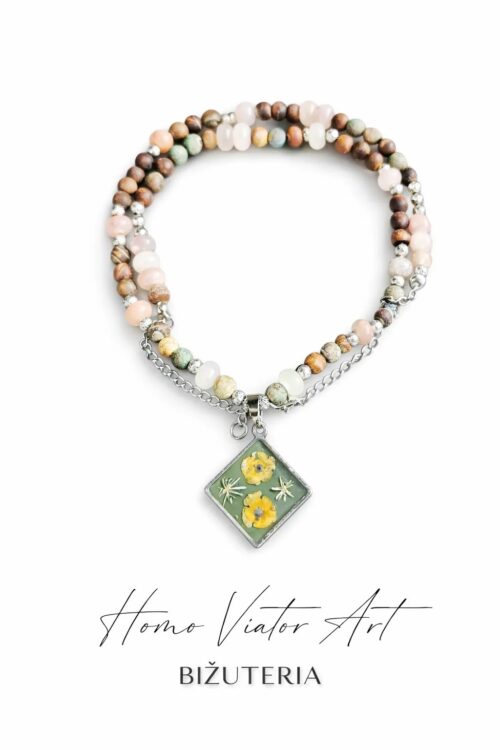Naszyjnik z agatem i awenturynem z kwiatami w żywicy | 59 cm