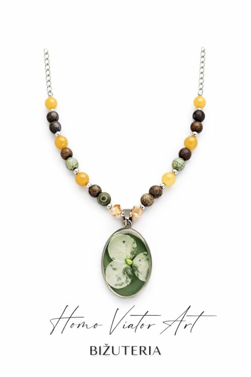 Naszyjnik z jadeitem, agatem i zawieszką z hortensją | 57 cm