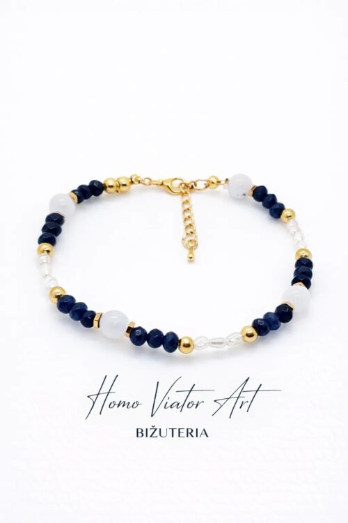 Bransoletka z chalcedonu, akwamarynu i perełek słodkowodnych | 18 cm + przedłużka