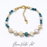 Bransoletka „Błękitny Spokój” – akwamaryn, perły i lawa wulkaniczna | 17 cm + przedłużka