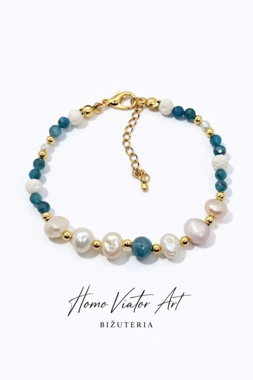 Bransoletka „Błękitny Spokój” – akwamaryn, perły i lawa wulkaniczna | 17 cm + przedłużka