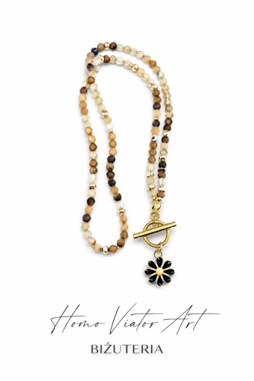Krótki naszyjnik z agatu w kolorze kawy z zawieszką stokrotki | 46 cm