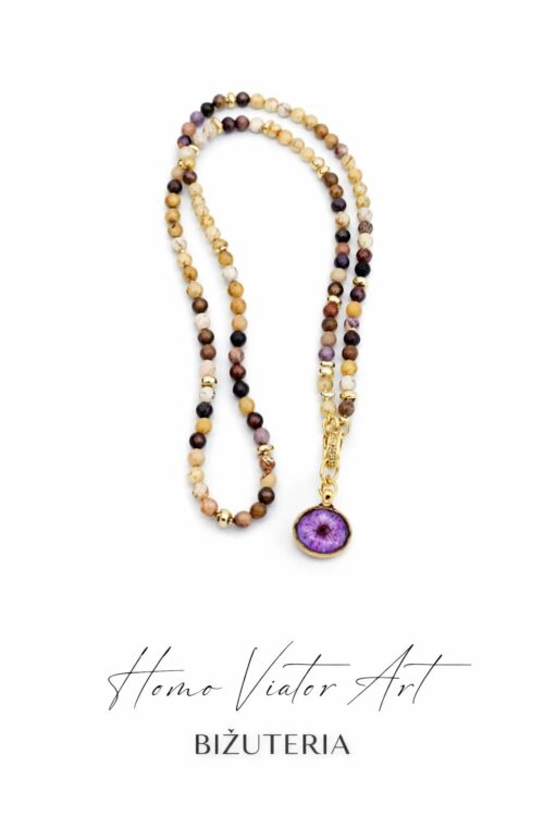 Naszyjnik z mookaitem i zawieszką z fioletowym kwiatem | 46 cm