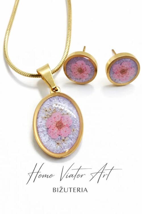 Zestaw biżuterii z suszonym kwiatem – naszyjnik i kolczyki
