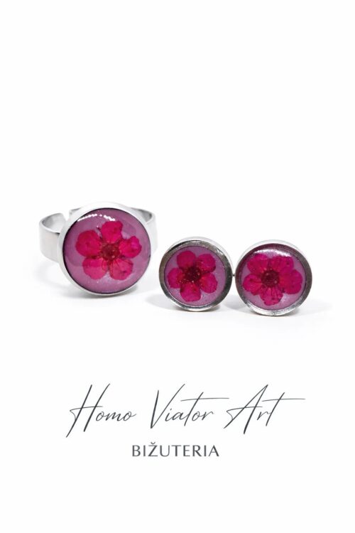 Komplet biżuterii z suszonym kwiatem – pierścionek i kolczyki