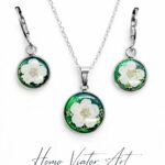 Komplet biżuterii z suszonym kwiatem – zielony | stal chirurgiczna