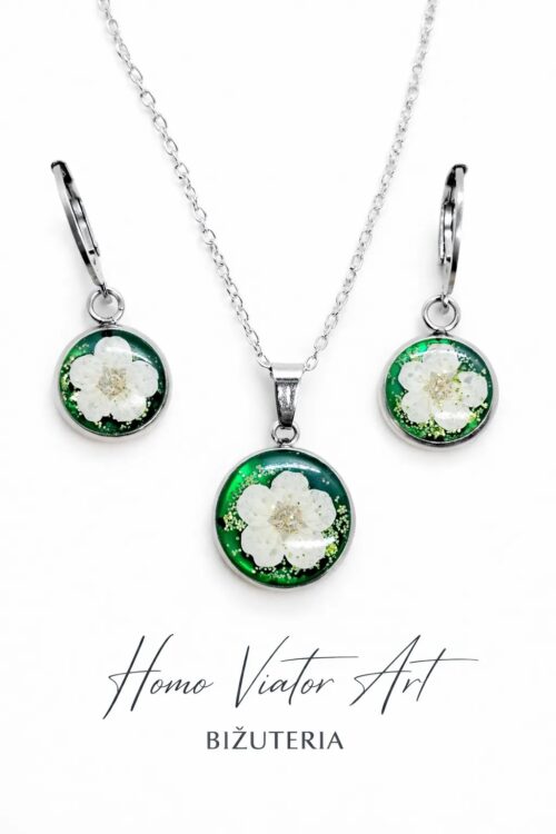 Komplet biżuterii z suszonym kwiatem – zielony | stal chirurgiczna