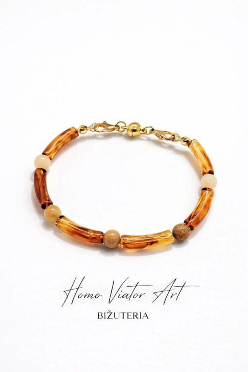Bransoletka z jaspisem i bursztynowymi koralikami | 20 cm