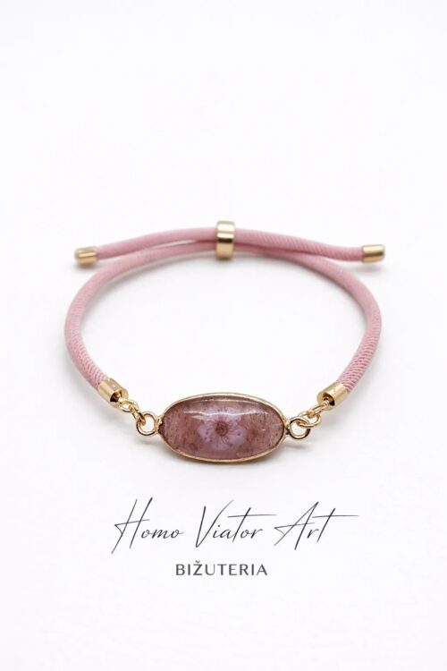 Regulowana bransoletka z kwarcem truskawkowym i suszonym kwiatem