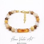 Bransoletka z jaspisu i szklanych koralików w kolorach miodu | 18 cm + przedłużka