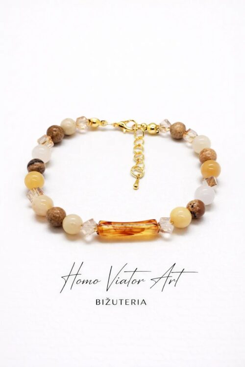Bransoletka z jaspisu i szklanych koralików w kolorach miodu | 18 cm + przedłużka
