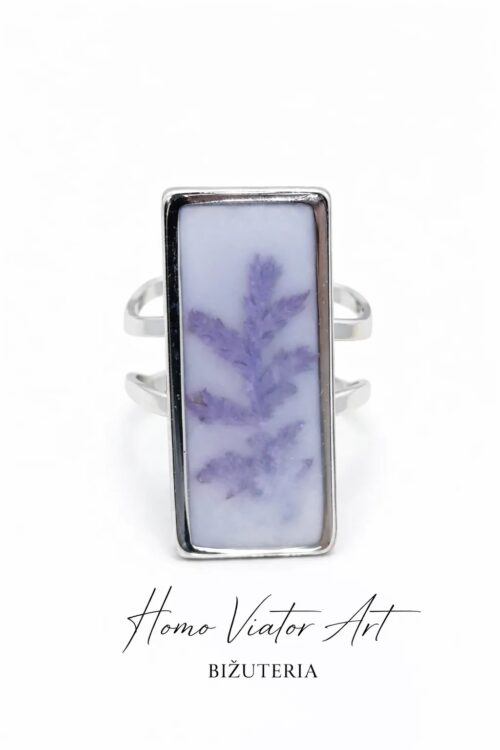 Pierścionek z suszonym kwiatem w mlecznej żywicy – stal chirurgiczna