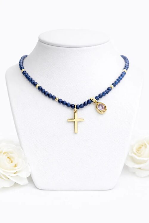 Choker z agatu z krzyżykiem i kryształem | 47,5 cm.