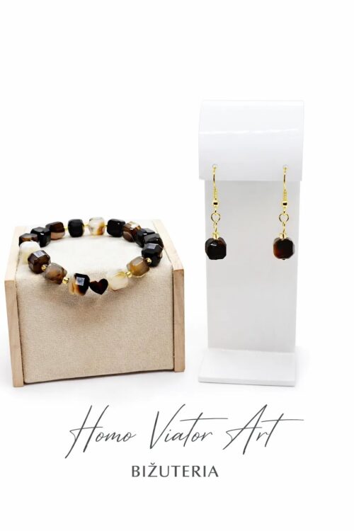 Komplet - bransoletka i kolczyki z agatu - odcienie kawowe