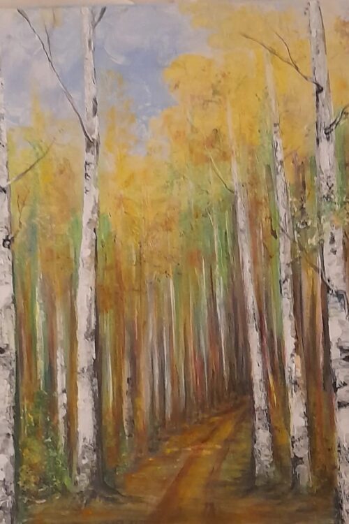 Obraz jesiennego lasu brzozowego ze ścieżką – akryl na płótnie 40 × 40 cm