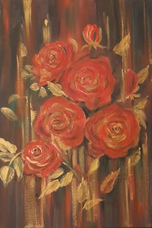 Obraz z bukietem czerwonych róż ze złotymi akcentami – akryl na płótnie 30 × 40 cm