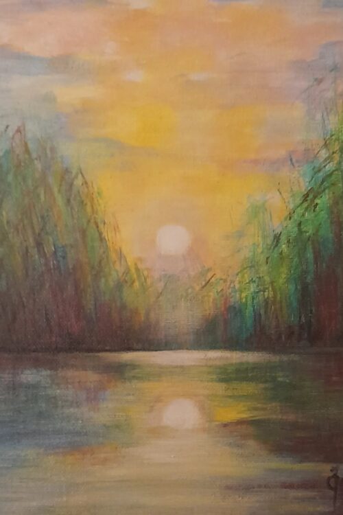 Obraz wschodu słońca nad jeziorem malowany akrylem na płótnie