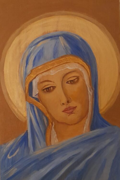 Obraz Matki Bożej malowany akrylem na desce – sztuka sakralna