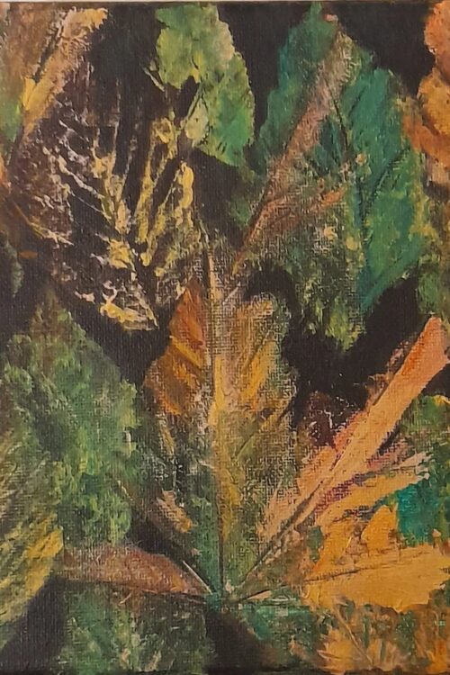 Obraz z jesiennymi liśćmi w ciepłych barwach – akryl na płótnie 20 × 20 cm