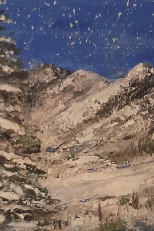 Zimowy pejzaż górski malowany szpachelką – akryl na płótnie 20 × 20 cm