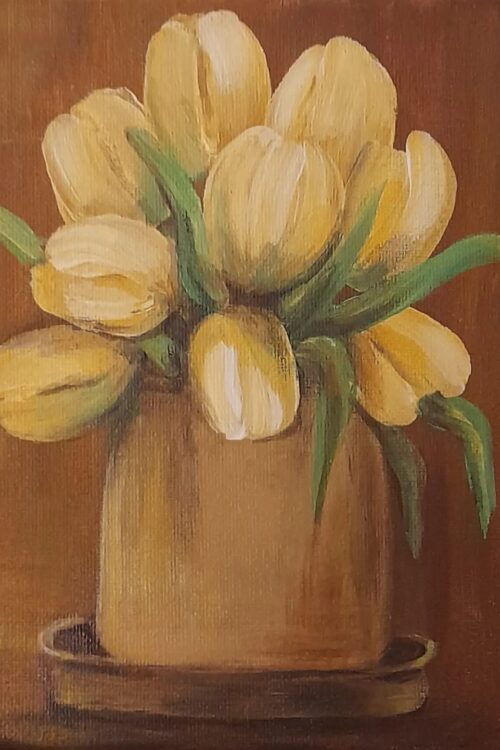 Obraz z żółtymi tulipanami w wazonie – akryl na płótnie 20 × 20 cm