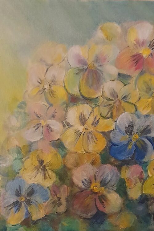 Obraz z bratkami w pastelowych barwach – akryl na płótnie 20 × 20 cm