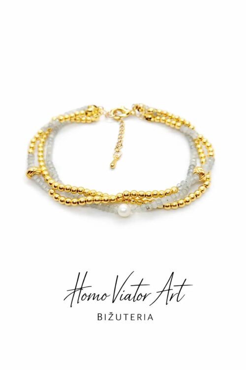 Bransoletka z labradorytem i perłą słodkowodną, stal chirurgiczna, 19 cm + 3 cm