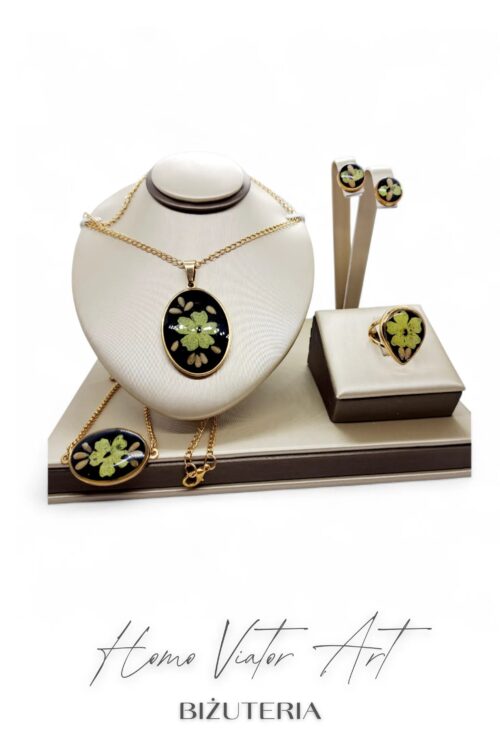 Zestaw biżuterii z żółtym kwiatem w żywicy, stal chirurgiczna, czarno-złoty