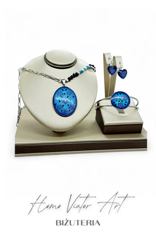 Komplet biżuterii z niezapominajkami w żywicy, stal chirurgiczna, apatyt i lawa