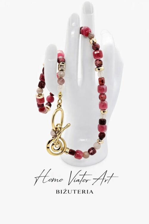 Naszyjnik z agatu fuksja i kwarcu beżowego, złoty hematyt, 47 cm