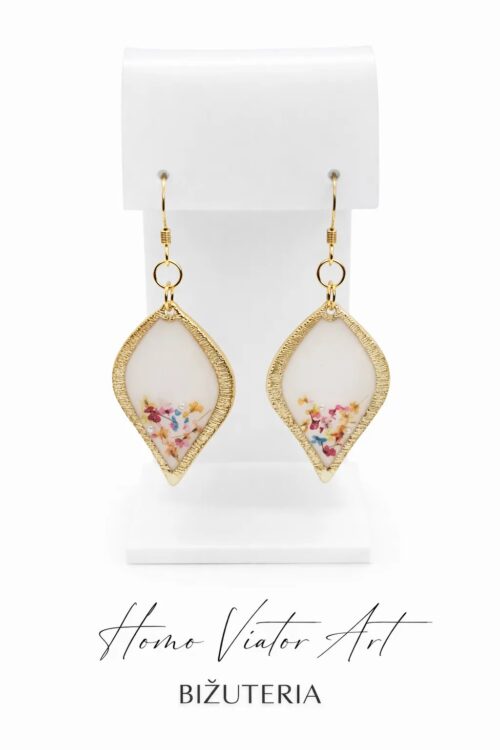 Kolczyki z suszonymi kwiatami w żywicy, miedź, stal chirurgiczna, 5,5 cm