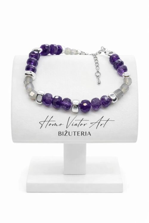 Bransoletka z ametystem i labradorytem, hematyt, zawieszka tulipan, 19 cm + 3 cm