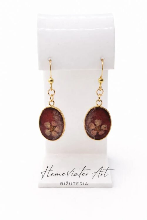 Kolczyki z prawdziwymi kwiatami w żywicy bordowe, stal szlachetna, 4 cm