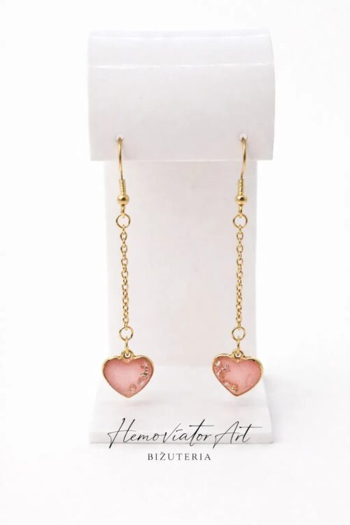 Wiszące kolczyki serce z żywicy różowe, stal szlachetna, długość 6,5 cm