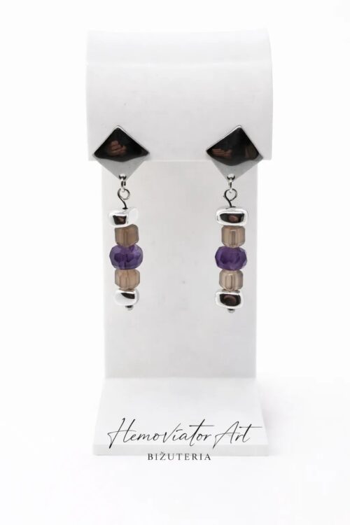 Kolczyki z ametystem i labradorytem, hematyt, stal szlachetna, długość 4,5 cm
