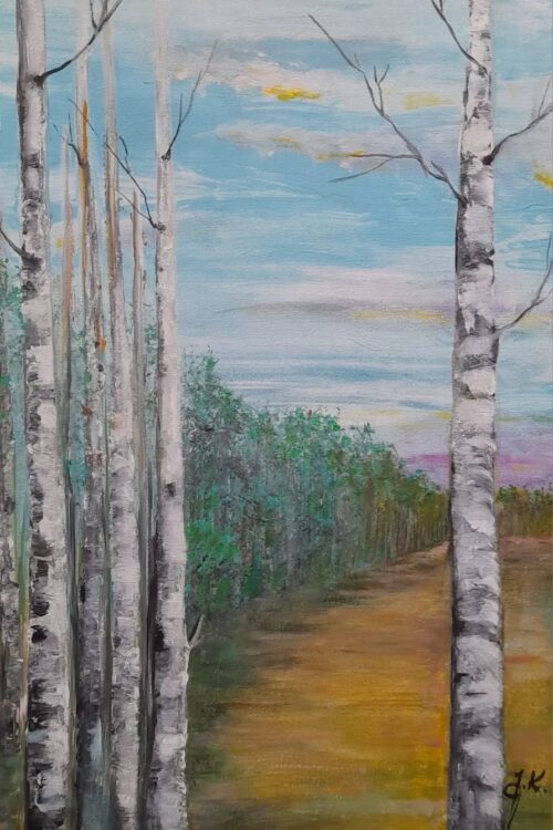 Obraz leśny pejzaż z brzozami 30 × 40 cm, akryl na podobraziu, Jadwiga Kondracka